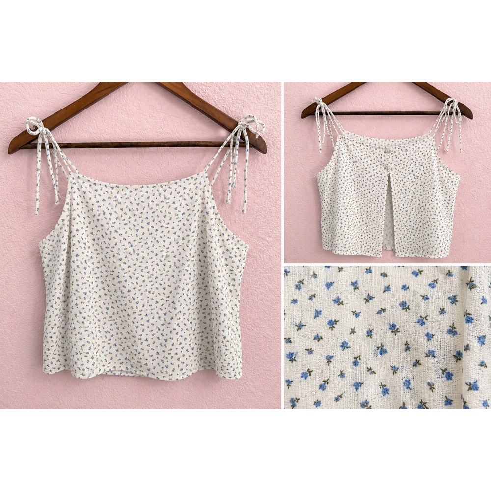 Abound Blue Floral Ditsy Linen Blend Tie Strap Open Back Cami Top XL Coastal